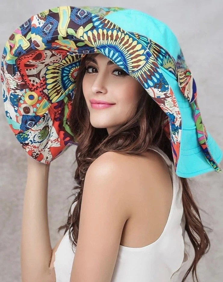 NEW! Reversible Sun Hat Large Wire Brim Foldable With Removable Chin Strap Scarf