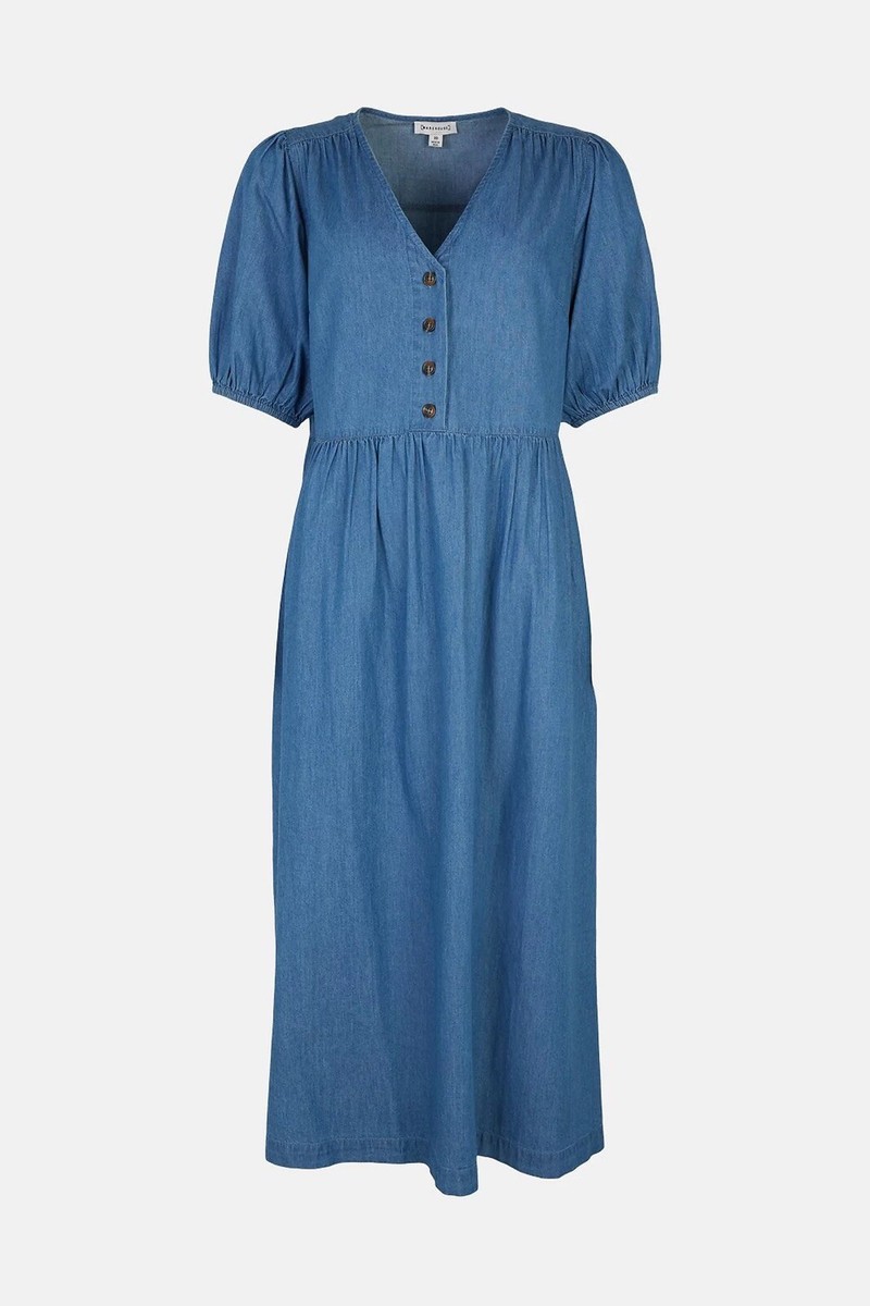 Warehouse Denim Button Front Puff Sleeve Midi Dress size 16 £79
