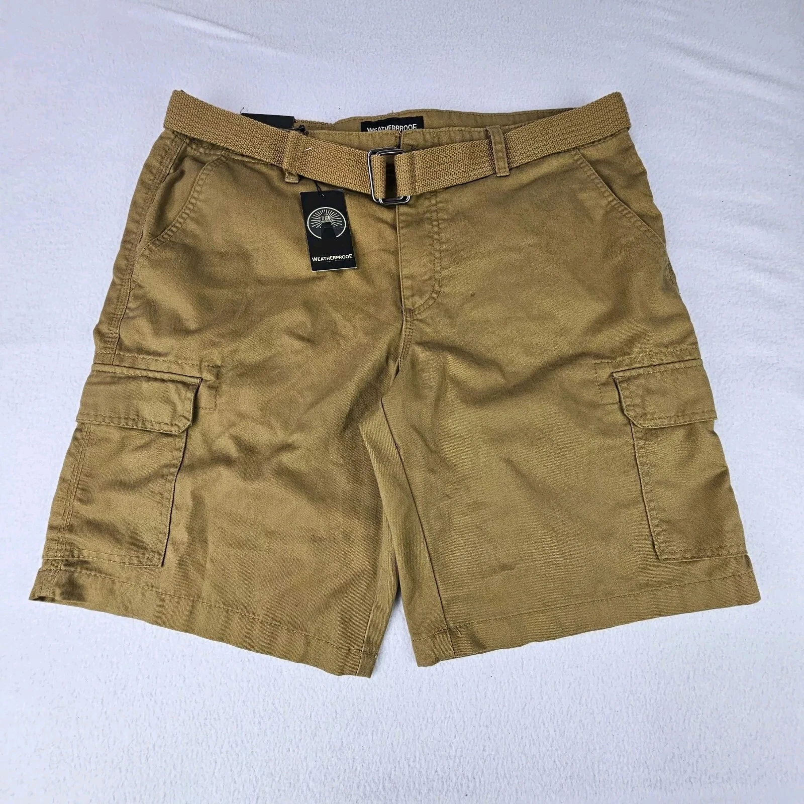 Weatherproof 10" Cargo Shorts Mens 36 Dull Gold Canvas Belted Hiking Outdoor NWT