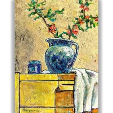Original Oil Painting Textured Floral Still Life Blue Vase Kitchen Wall Art Gift