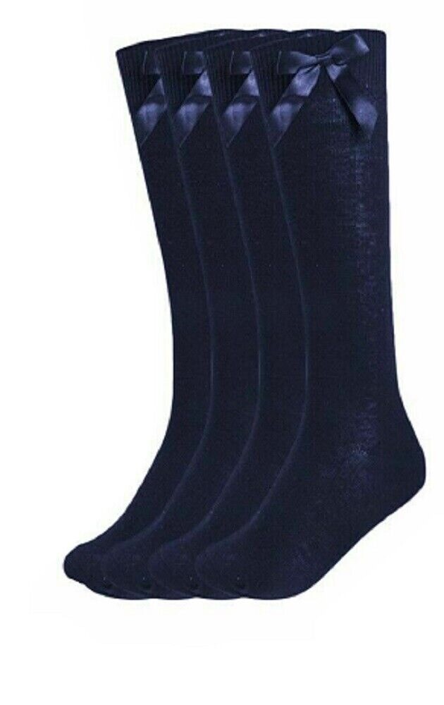 Girls Knee High School Socks With Bow Cotton Lycra Black, Navy, Grey