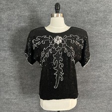 Vintage 80s Sequin Top Womens S / M Sarin Black Beaded Silver Floral Silk Blouse