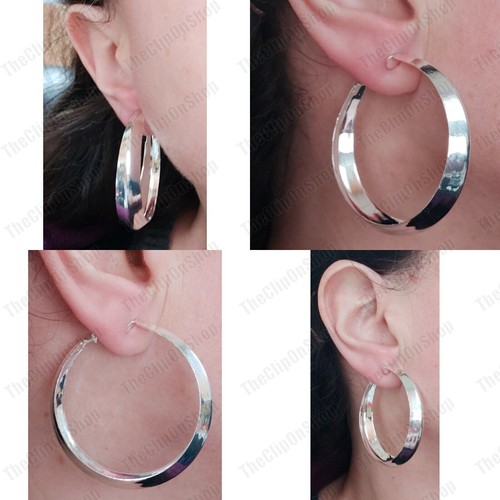 5cm CLIP ON retro HOOP EARRINGS graduated hoops 1cm wide SILVER TONE metal clips - Picture 4 of 7