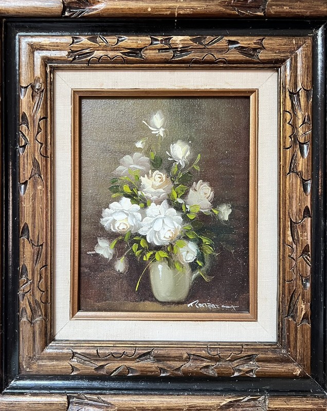Robert Cox Signed Gardenia Still Life Flower Vase Oil Painting w Frame