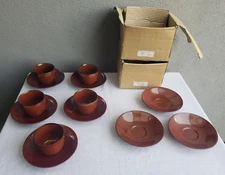 NEW Lindt Stymeist Craftworks 8 oz CHILE Red/Brn Glossy Lot 5 CUPS/8 SAUCERS Set