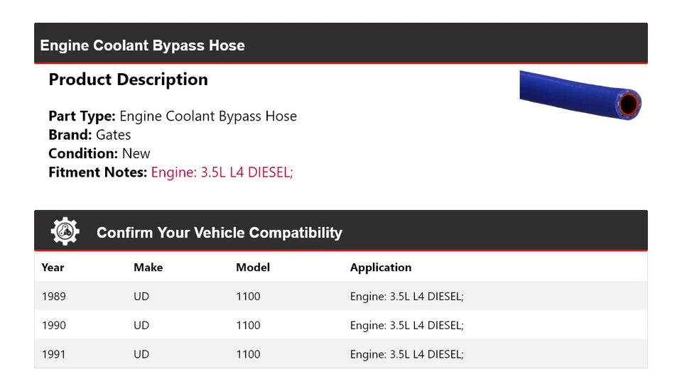 Puertas de manguera de derivación de refrigerante de motor diésel L4 3,5 L para UD 1100 1989-1991 1990 Foto 2 de 4