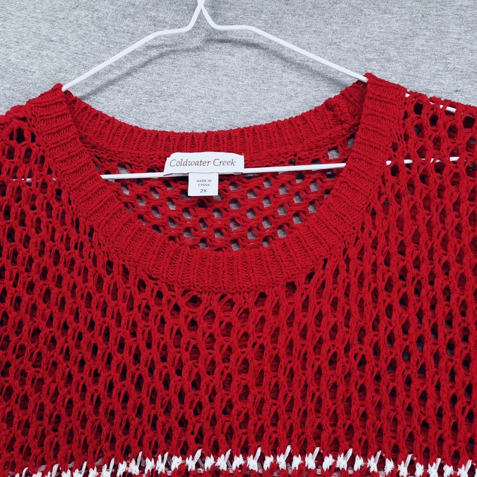 Suéter feminino Coldwater Creek 2X listra branca vermelha gola redonda malha aberta pulôver - Imagem 3 de 4