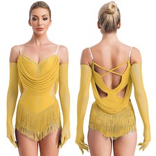 Women Latin Dance Tassel Samba Salsa Jazz Dance Leotards Bodysuit with Gloves