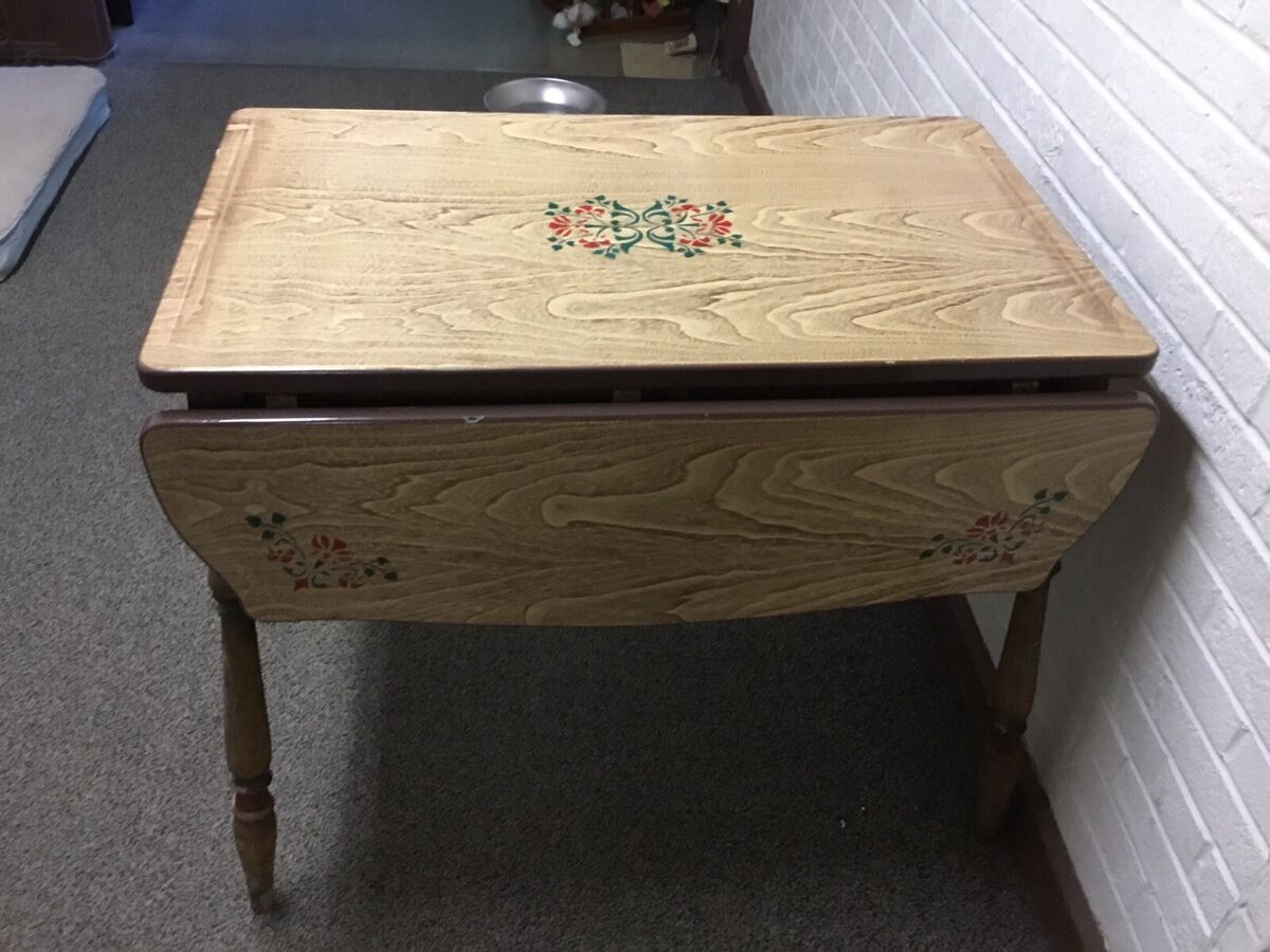 ANTIQUE VTG RETRO METAL TOPPED DROP LEAF TABLE MADE IN 1931 ANTIQUE VTG RETRO METAL TOPPED DROP LEAF TABLE MADE IN 1931