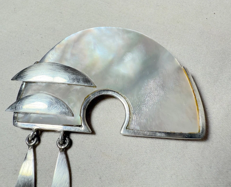 Broche prendedor colgante vintage hecho a mano artesanal concha de madreperla plata esterlina Foto 3 de 4