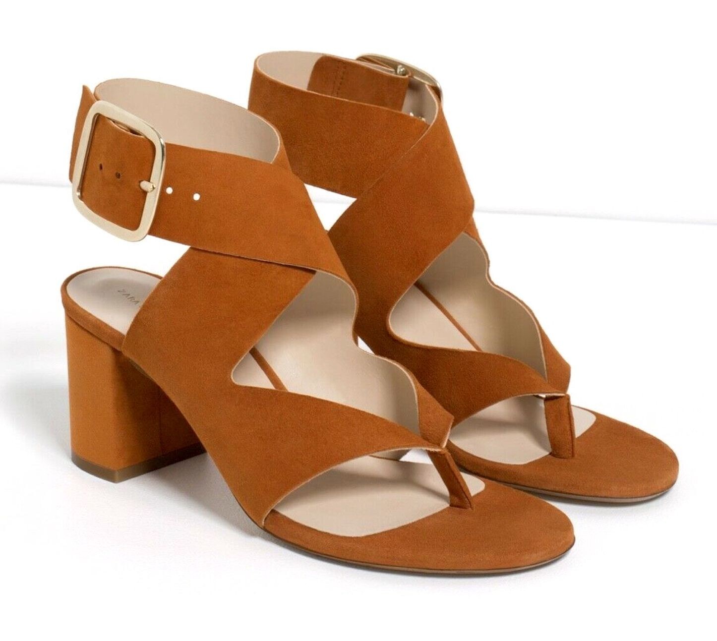 APL ZARA SCARPE PELLE SCAMOSCIATA TACCO A BLOCCO CINTURINO FIBBIA SANDALI UK 3 EUR 36 US 6 nuove