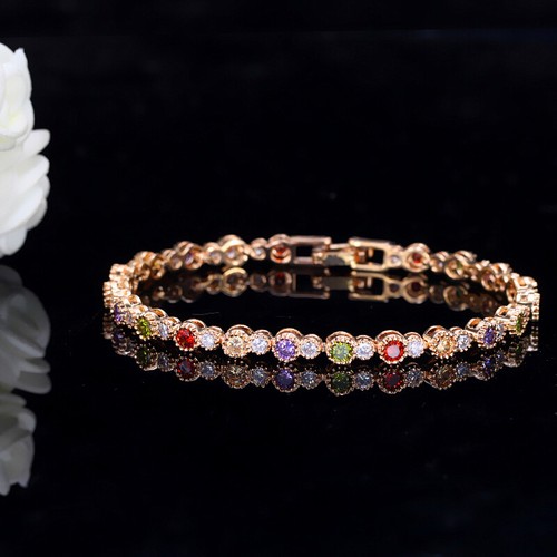 Women Rainbow CZ Tennis Bracelet Gold Plated Cubic Zirconia Costume Jewelry Gift - Picture 5 of 8