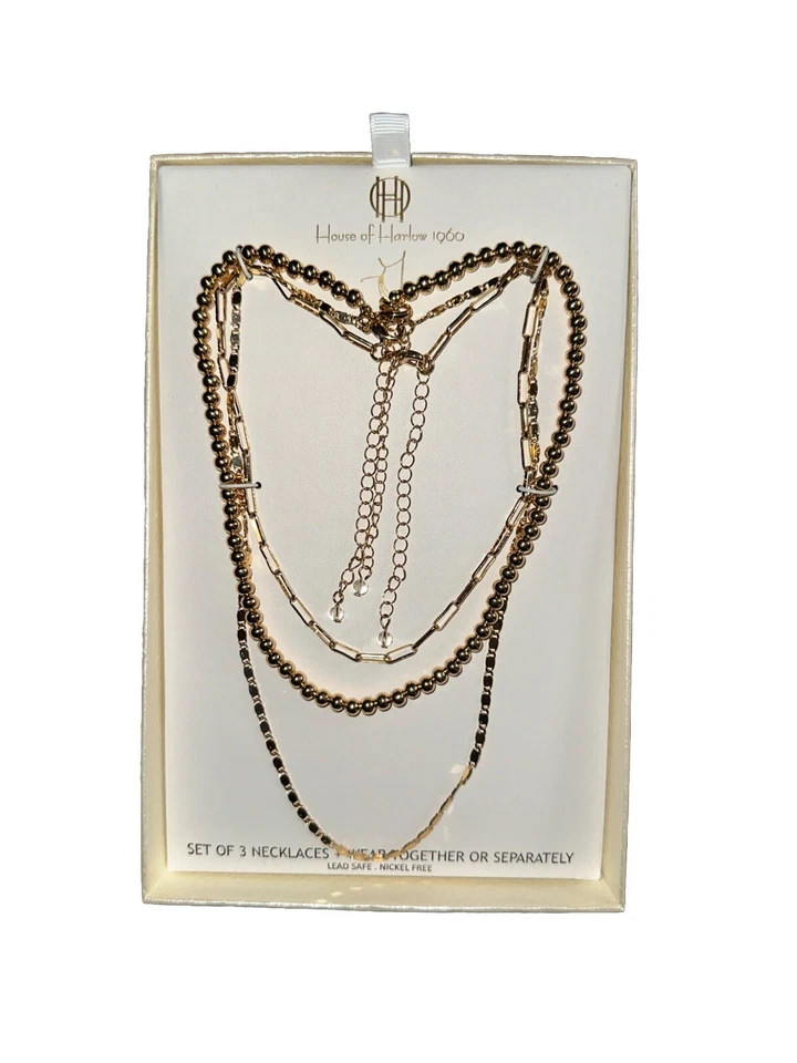 House Of Harlow 1960 Chapado en Oro Cadena Cuentas Conjunto de 3 Capas Collar
