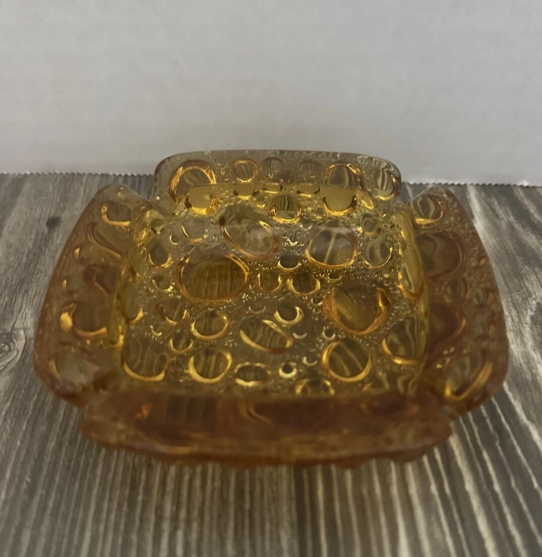 Small Amber Bubble Glass Ashtray Ash Tray Smoking Room Tobacciana Collectible