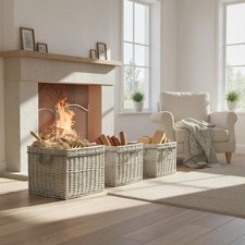 Set of 3 Wicker Log Basket with Liner and Rope Handles, Beige