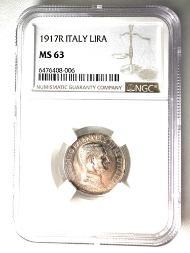 Italy 1917 R  Silver Lira  coin Vittorio Emanuele III #KM 57 NGC MS 63