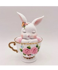 Coniglietto pasquale bianco coniglio in rosa tazza da tè statuina decorazione stravagante bordo oro nuovo