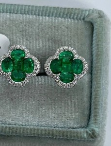 Authentic 2.40Ct Natural Emerald Oval Cut Women Clover Stud Earrings 14K White Gold Plated