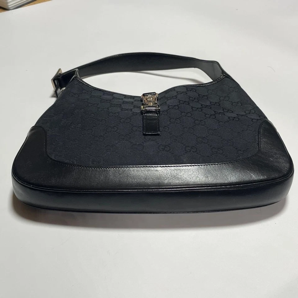 GUCCI GG Jackie Bolso de Hombro Bolso de Mano Bolso de Lona Cuero Negro Auténtico Foto 4 de 4
