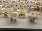 VTG 1940s Set of 5 Fire King Tulip Milk Glass Mixing Bowls W/Bacon Grease Bowl