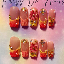 Handmade Pink/Gold 3D Flower Press-On Nails S...