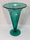 Vintage Blenko Emerald Green Ribbed Glass Trumpet Vase w/Label ~ 11-3/4"