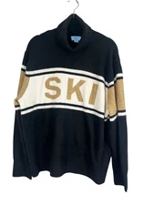 Retro Striped Sweater L Black Ski Neutral Preppy Old Money Outdoors Chic Classic