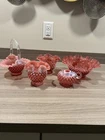 Fenton Lot Of Cranberry Opalescent Hobnail Ruffled Bowls, Basket & Candle Holder