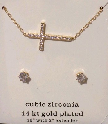 3pc Sideways Cross Necklace & Earrings Cubic Zirconia 14-16  Gold Plated Box NWT
