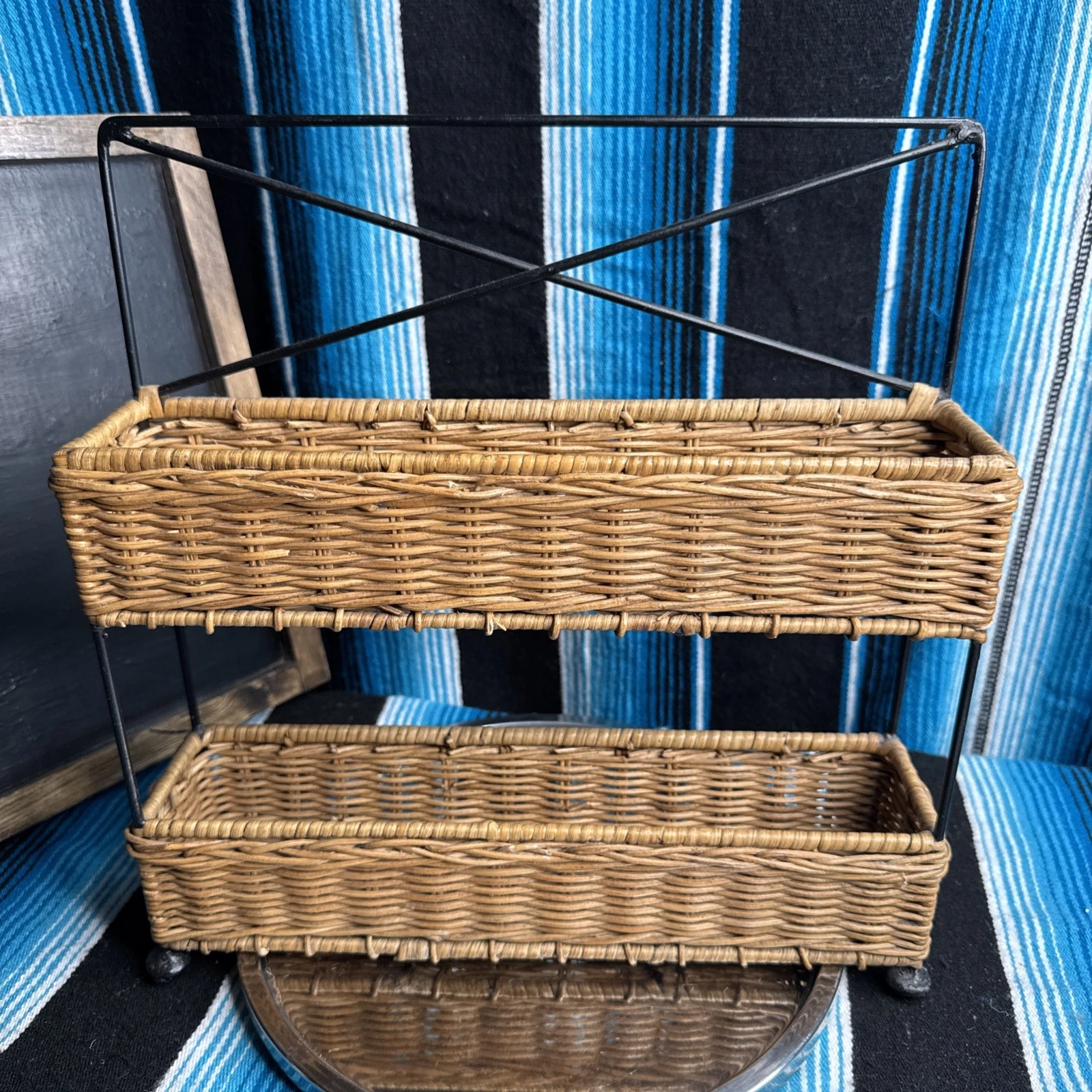 Wicker Rattan 2-Tier Spice Storage Shelf Rack-Black Rod Iron Frame 13”x12.5”x3”