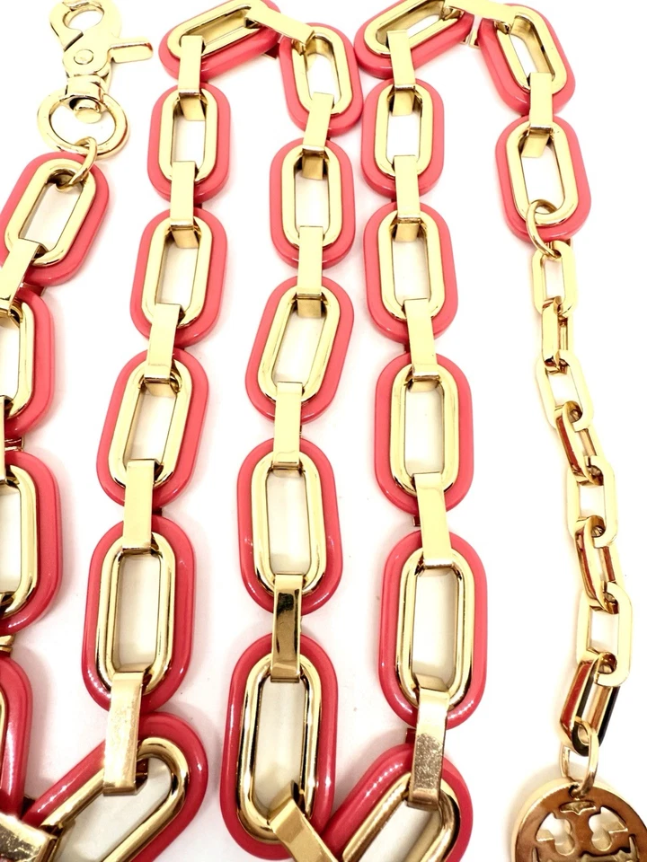Cinturón grueso TORY BURCH coral lucite eslabones tono dorado/chapado 38 pulgadas logotipo colgante Foto 3 de 4