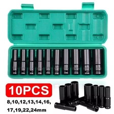 Thin Wall Long Reach Deep Impact Socket Set 1/2" Drive - 10PCS Metric 8-24mm
