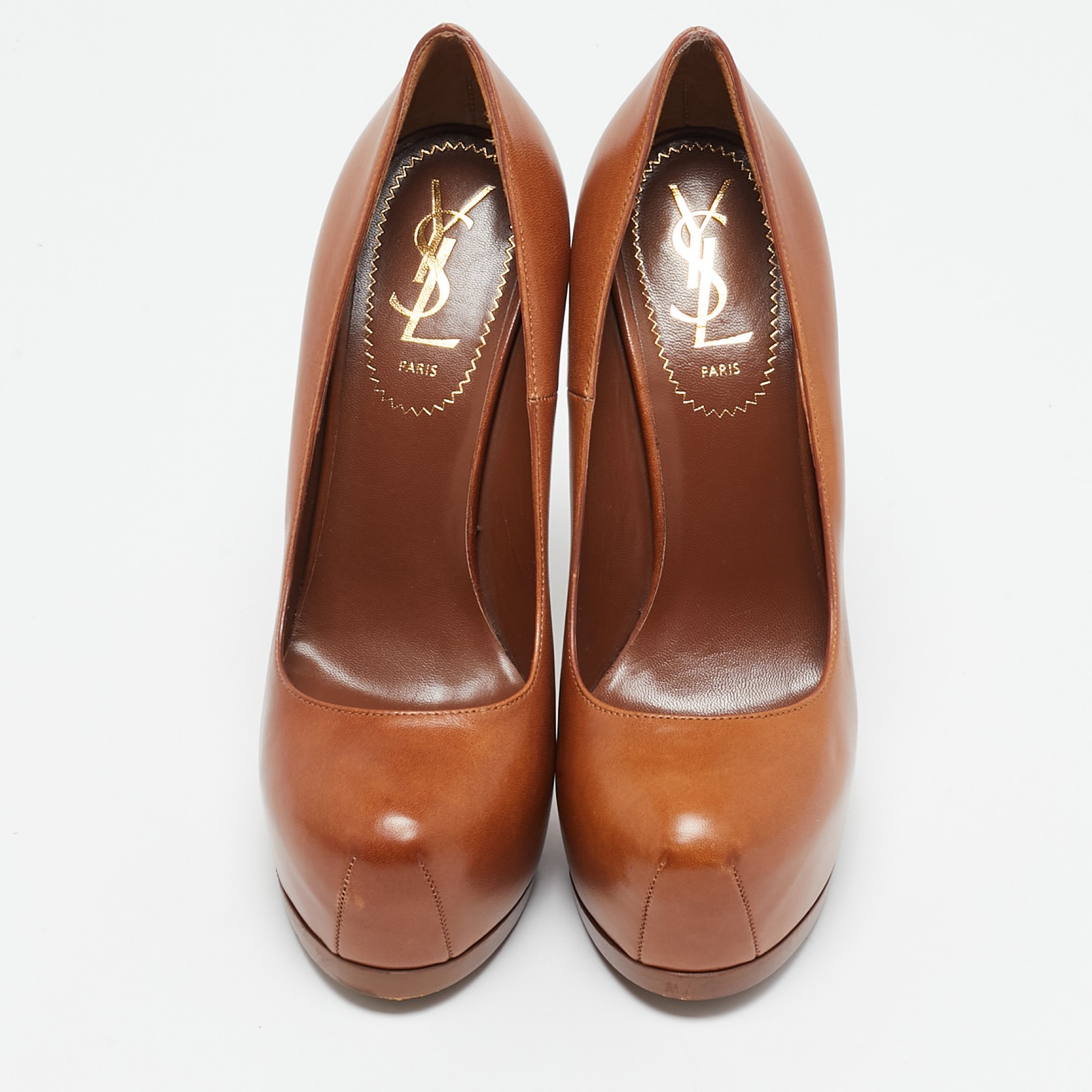 Decolte Yves Saint Laurent in pelle marrone con plateau tribtoo taglia 36 5