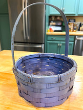 Blue Round Wood Basket w/ Handle, Free Standing Indoor, 9.5 in H x 7 in Dia
