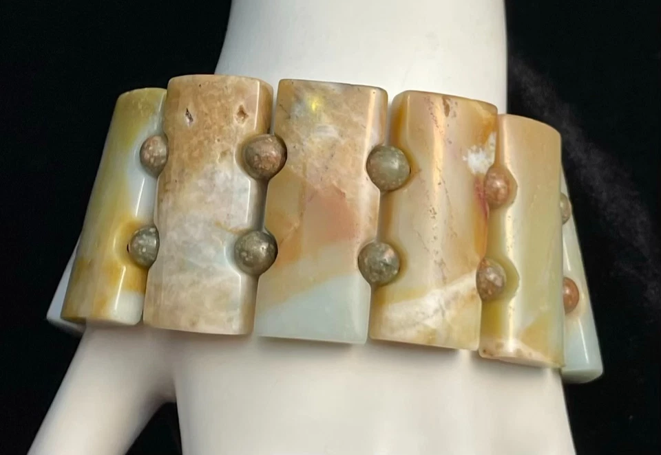 Pulsera Gruesa Imperial Jaspe Azul Pastel Beige Cierre Trenzado Unisex Negrita Foto 3 de 4