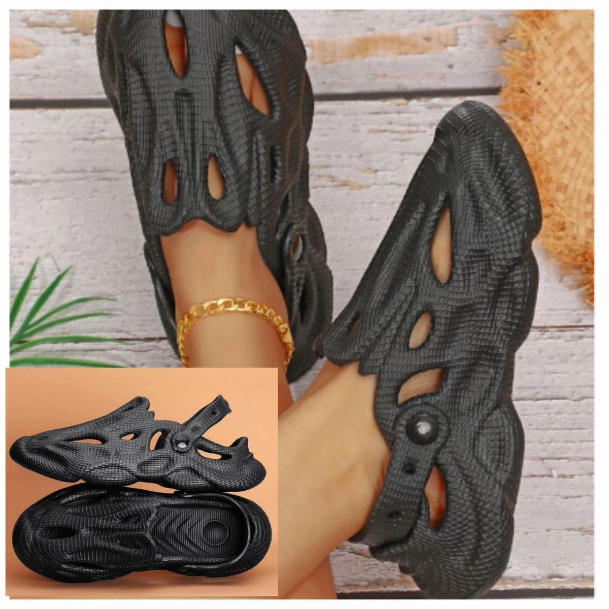 Unisex Black Clogs Hollow Out Slingback Crocs Size 5 6 7 8 9 10 11
