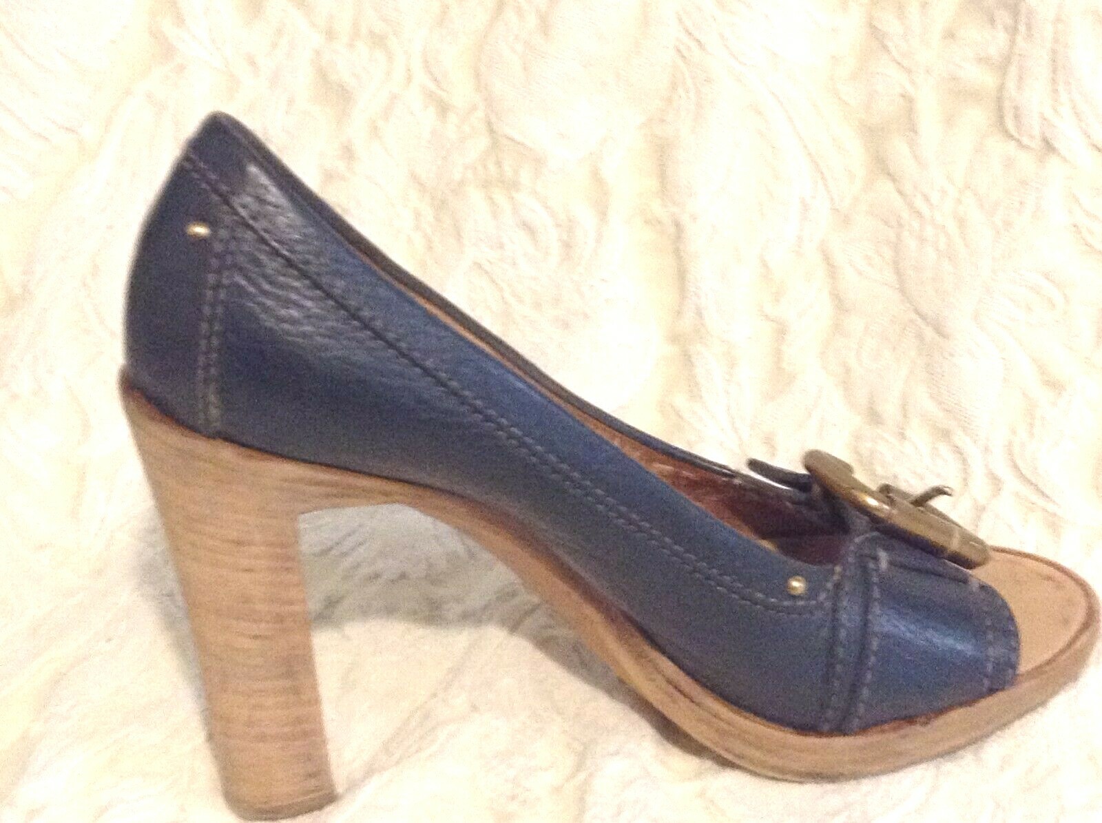 CHLOE OPEN TOE PUMP, BLUE LEATHER, STACK WOOD HEE… - image 3