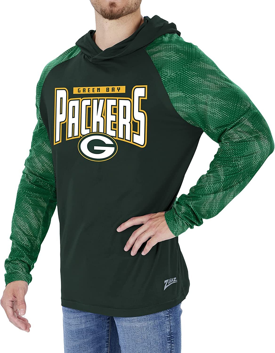 Толстовка с капюшоном цвета мужской команды NFL Zubaz Green Bay Packers с рукавами Viper в тон