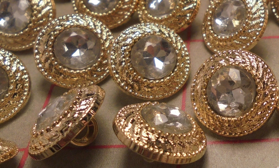 15 Gold Shank Buttons Plastic With Acrylic Stone Centers 15mm 5/8" - Image 3 of 4