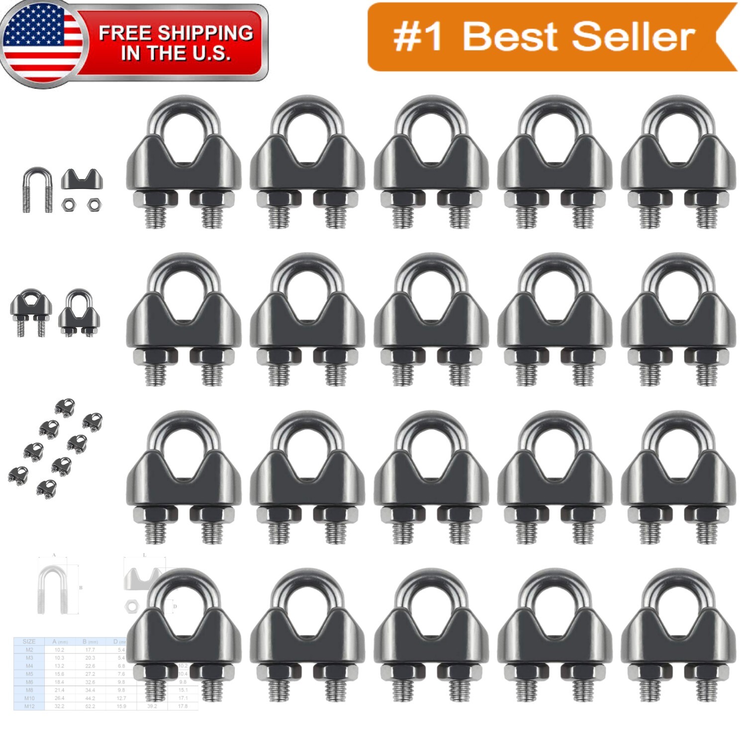 20PCS M3 Stainless Steel Wire Rope Cable Clips, Corrosion-Resistant Durability