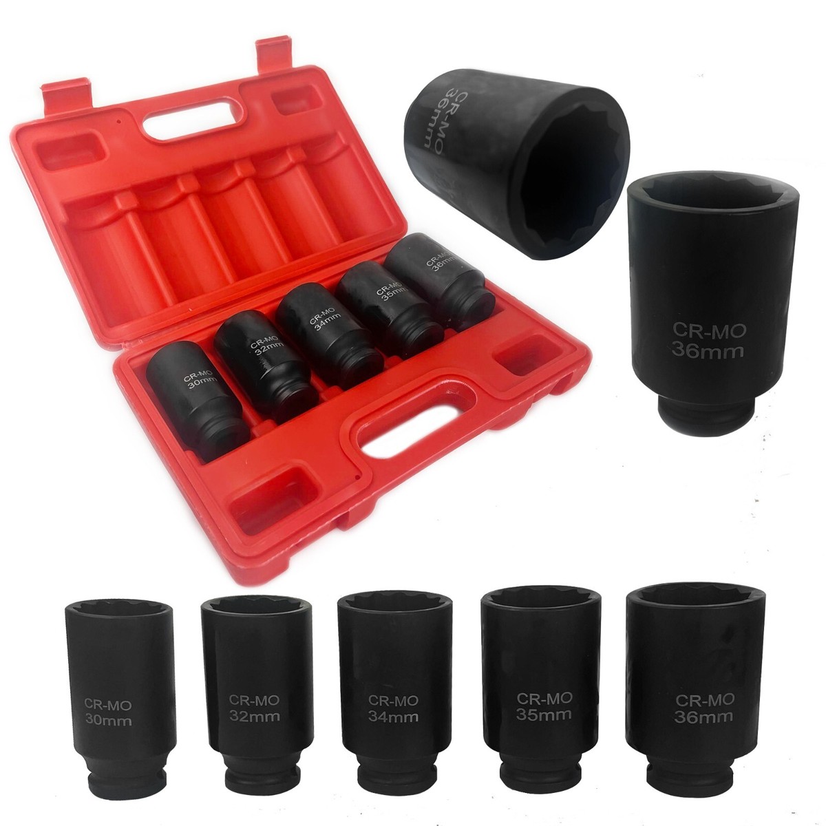 US PRO 12-Point Thin Wall Impact Socket Set – 1/2" Drive, Deep, Metric, 5-Piece For Axle Hub Nuts