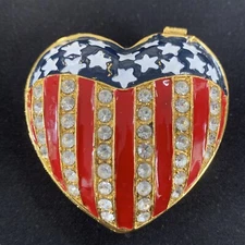 USA Flag Rhinestone Pill Box Enamel Stars And Stripes Gold Tone Red White & Blue