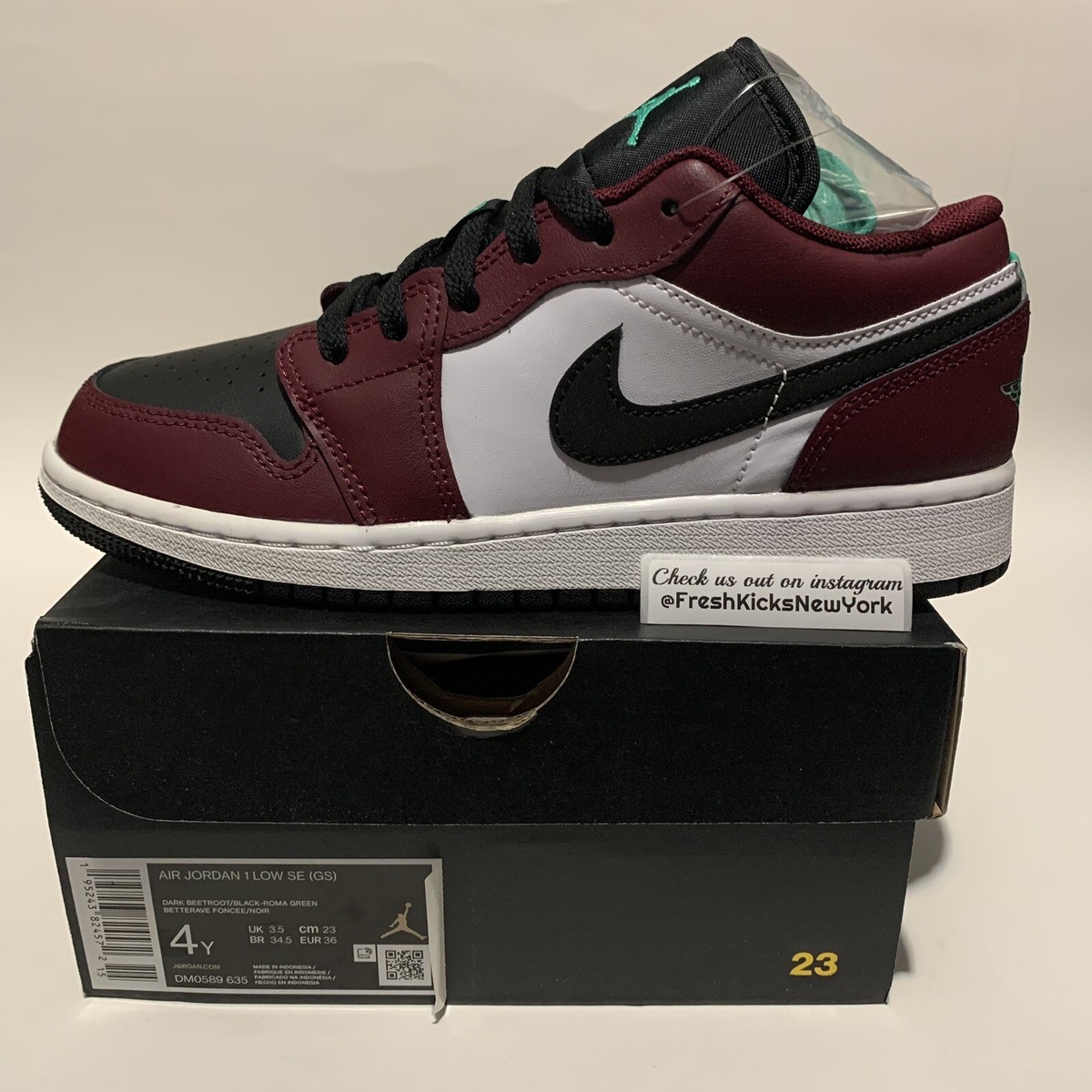Jordan 1 Low SE Dark Beetroot Roma Green Kids Size 4Y Youth 