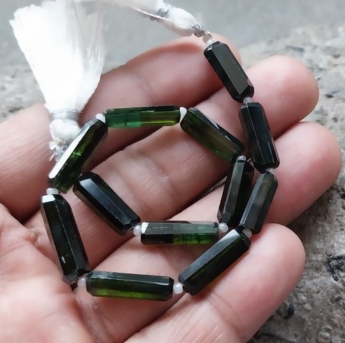 62 Ct 15 to 18.5 MM Natural Deep Green Tourmaline Faceted Pencil 8 Inch Necklace - Picture 18 of 24