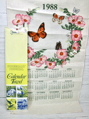 Vintage 80s 1988 Calendar Towel Kitchen Tea Pink Floral Orange Butterfly  New NOS | eBay