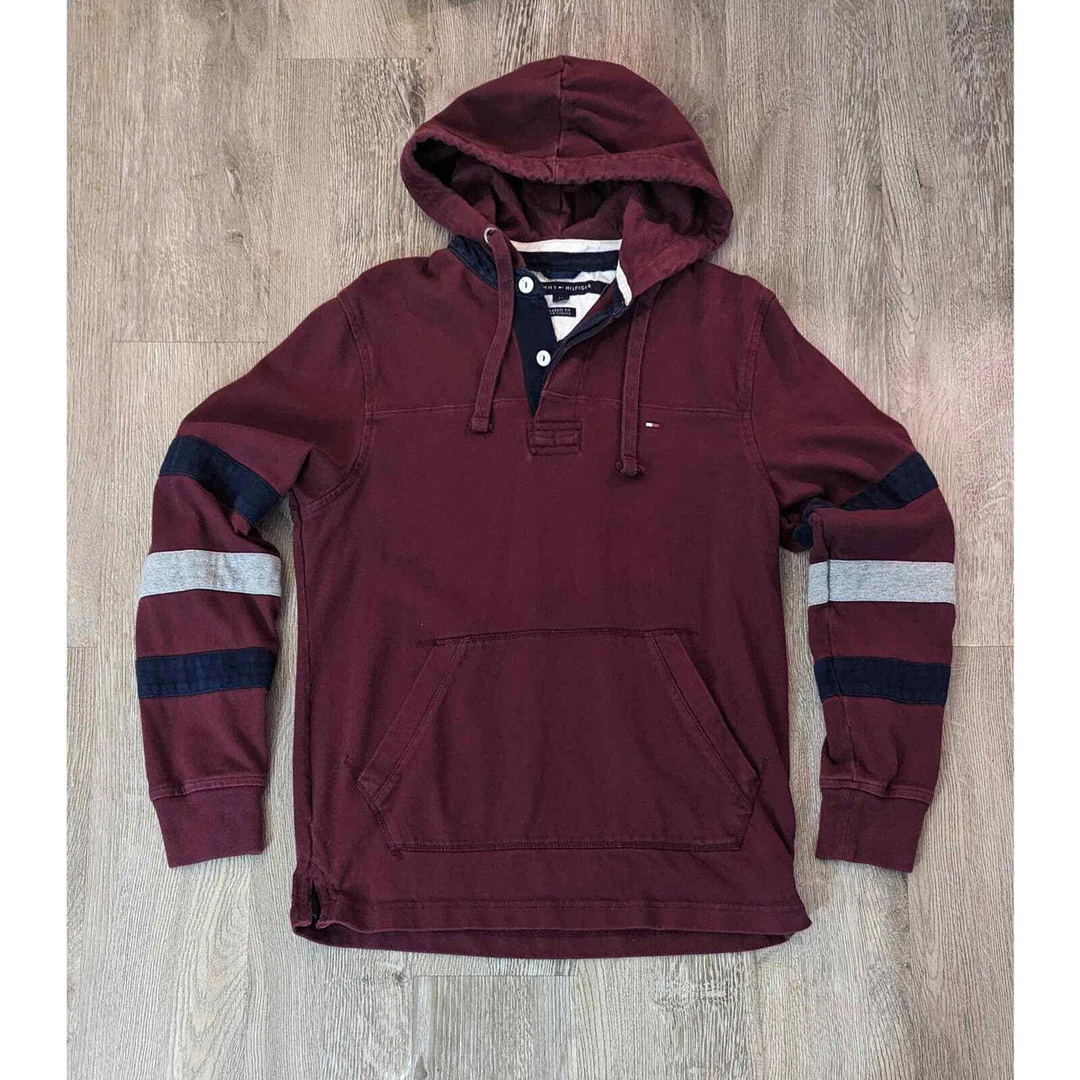 Vintage TOMMY HILFIGER Burgundy Pullover Hoodie Sweatshirt Sz SMALL 100 Cotton