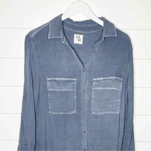Sam & Lavi Isabelle Button Up Roll Tab Sleeve Shirt Blue Grey Size Small - Picture 4 of 10