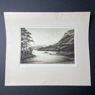 Harold Thornton ''Rydal Water'' Ink Etching Print 1940s Hand Signed & Titled