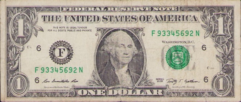 Fancy US Federal Reserve $1 Dollar Bill Serial Number F93345692N Very Cool 2009