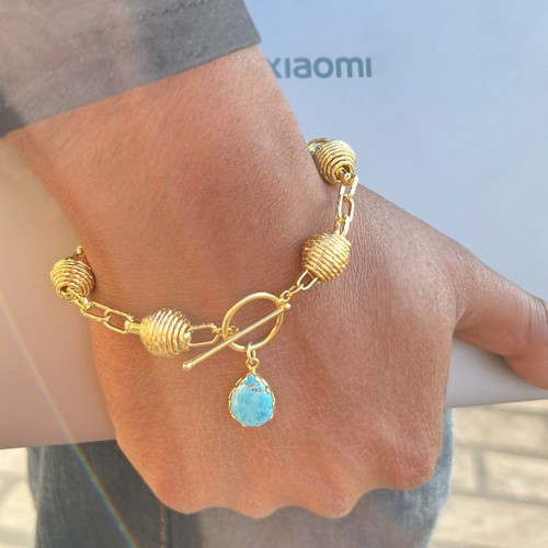 Turquoise Bracelet Designer Ball Link Chain Toggle Clasp Men's Jewelry Bracelet - Picture 10 of 10